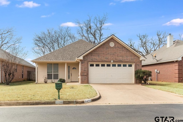 ranch-style house featuring a garage, brick siding, driveway, and a front lawn