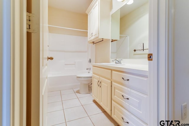 full bath with tile patterned flooring, shower / tub combination, vanity, and toilet