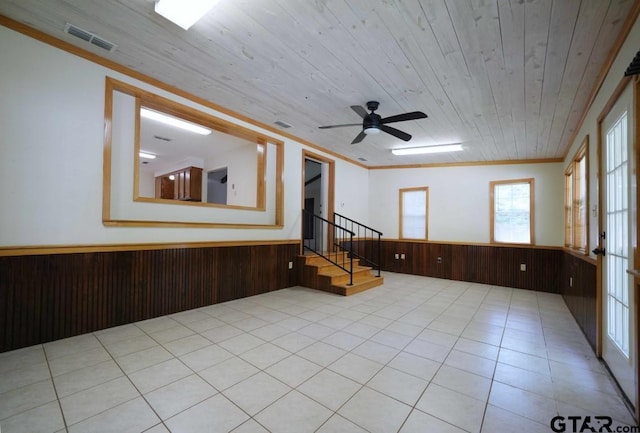 4505 Inverness, Tyler, TX 75703 - spare room featuring a wainscoted wall, wood walls, wooden ceiling, ceiling fan, and ornamental molding