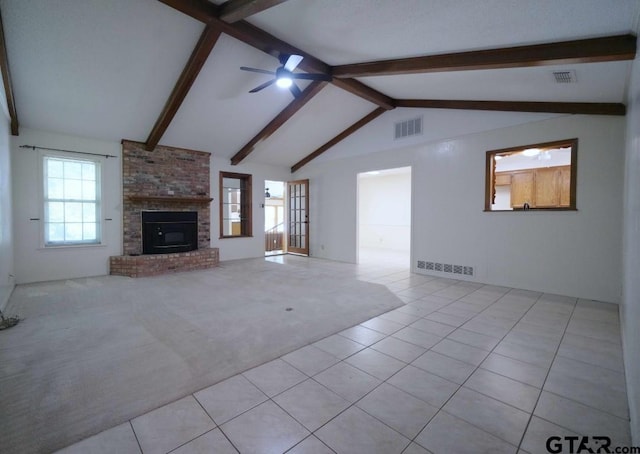 4505 Inverness, Tyler, TX 75703 - unfurnished living room featuring ceiling fan, a brick fireplace, tile patterned flooring, and carpet flooring