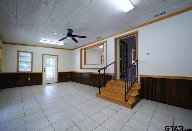 4505 Inverness, Tyler, TX 75703 - spare room featuring wainscoting, wooden walls, light tile patterned flooring, stairs, and ceiling fan