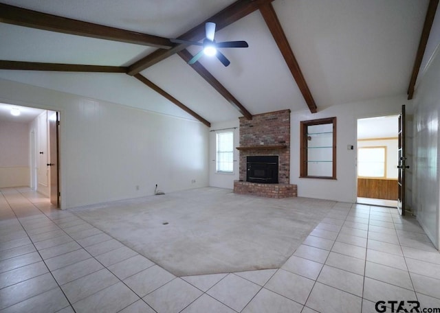 4505 Inverness, Tyler, TX 75703 - unfurnished living room featuring light tile patterned flooring, ceiling fan, a brick fireplace, and light colored carpet