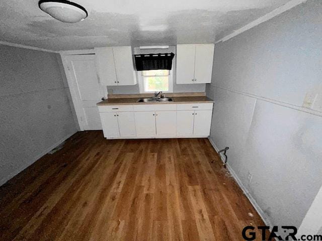 kitchen with white cabinetry, sink, and dark wood-type flooring