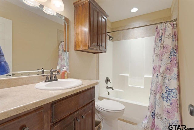 full bathroom with tile patterned floors, vanity, toilet, and shower / tub combo with curtain