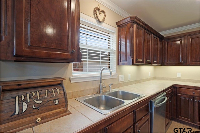 kitchen featuring dark brown cabinetry, sink, tile countertops, stainless steel dishwasher, and ornamental molding