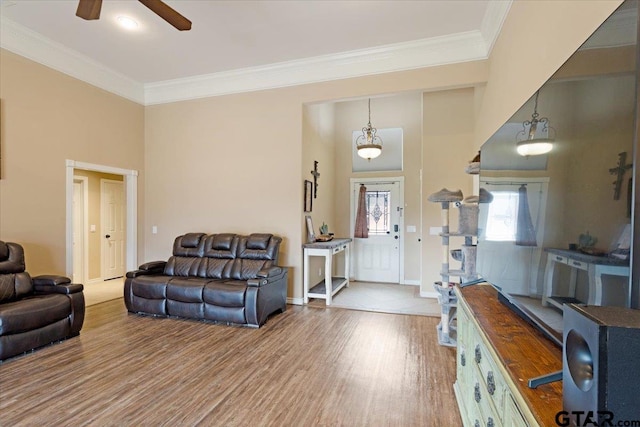 living room with crown molding, ceiling fan, and light hardwood / wood-style flooring