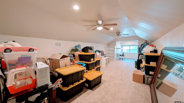 bonus room with visible vents, carpet, ceiling fan, and vaulted ceiling