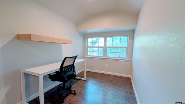 home office with baseboards, vaulted ceiling, and wood finished floors