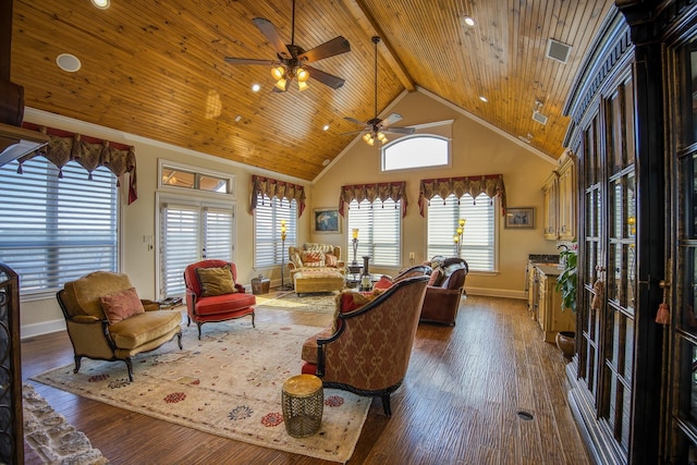 living room featuring ceiling fan, wood ceiling, and dark hardwood / wood-style floors