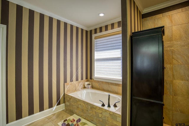 bathroom featuring tile patterned floors, tiled bath, and ornamental molding