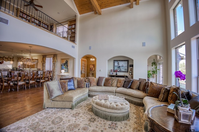 living room featuring beam ceiling, wooden ceiling, high vaulted ceiling, and wood-type flooring