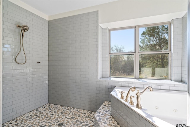 bathroom with a healthy amount of sunlight and shower with separate bathtub