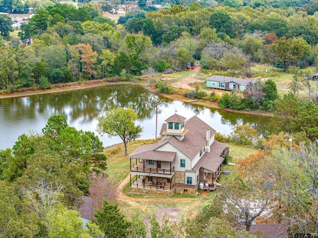 drone / aerial view with a water view