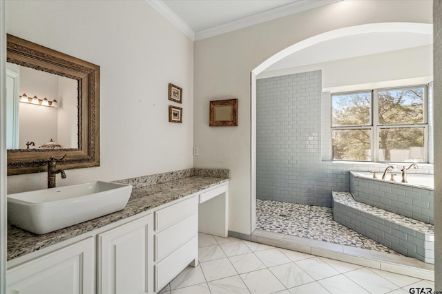 bathroom featuring tile patterned floors, vanity, shower with separate bathtub, and crown molding