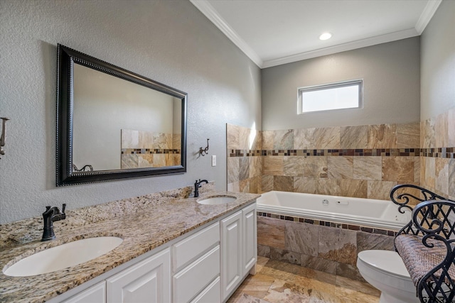 bathroom with vanity, toilet, a relaxing tiled tub, and ornamental molding