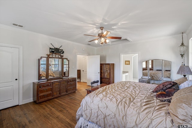 bedroom featuring ceiling fan, crown molding, and dark wood-type flooring