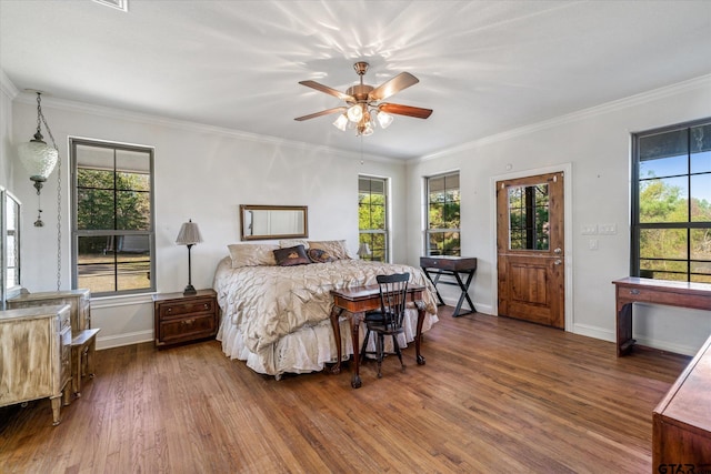 bedroom with multiple windows, ceiling fan, dark hardwood / wood-style floors, and ornamental molding