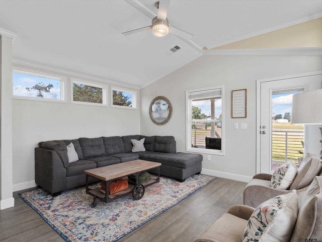 living room featuring ceiling fan, lofted ceiling, dark hardwood / wood-style flooring, and plenty of natural light