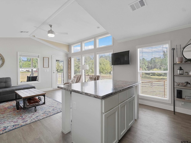 kitchen featuring lofted ceiling, wood-type flooring, a center island, a healthy amount of sunlight, and white cabinets