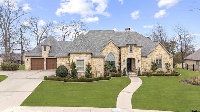 french country inspired facade with driveway, a shingled roof, a chimney, and a front yard