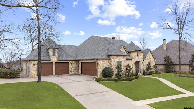 french country style house with a garage, concrete driveway, stone siding, roof with shingles, and a front yard