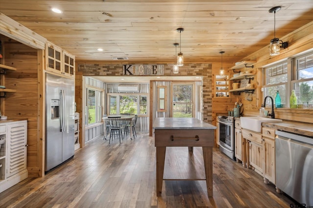 kitchen featuring wooden ceiling, a sink, open shelves, dark wood finished floors, and stainless steel appliances