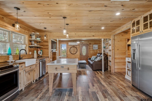 kitchen with a wall mounted air conditioner, dark wood-style flooring, stainless steel appliances, a sink, and wood ceiling