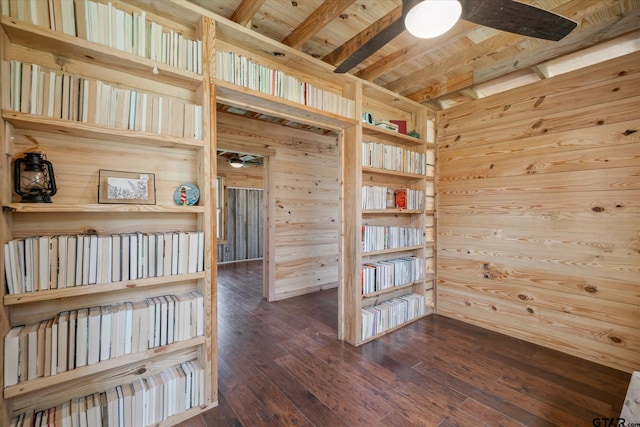 unfurnished room featuring beam ceiling, dark wood-style flooring, wooden ceiling, and wood walls