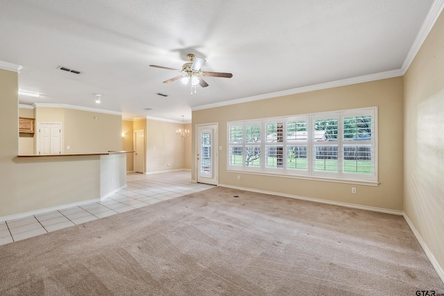 420 Colorado St, Van, TX 75790 - unfurnished living room with light tile patterned floors, a ceiling fan, light carpet, crown molding, and a chandelier