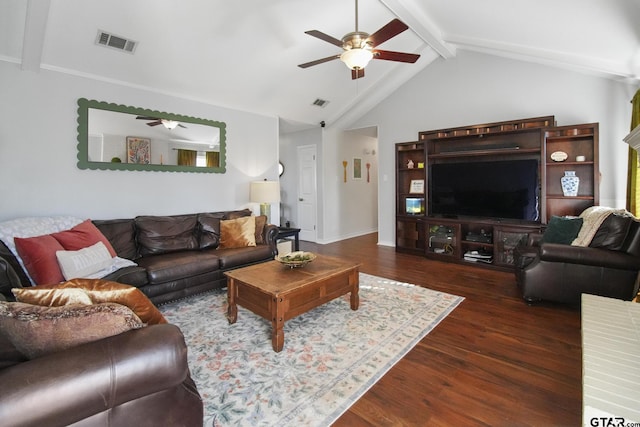 living area featuring visible vents, baseboards, lofted ceiling with beams, wood finished floors, and a ceiling fan