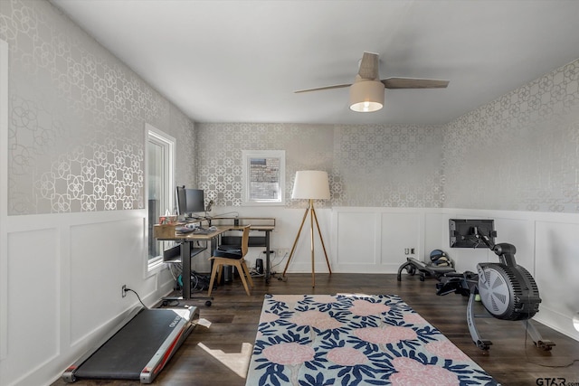 office space featuring ceiling fan, plenty of natural light, and dark hardwood / wood-style floors