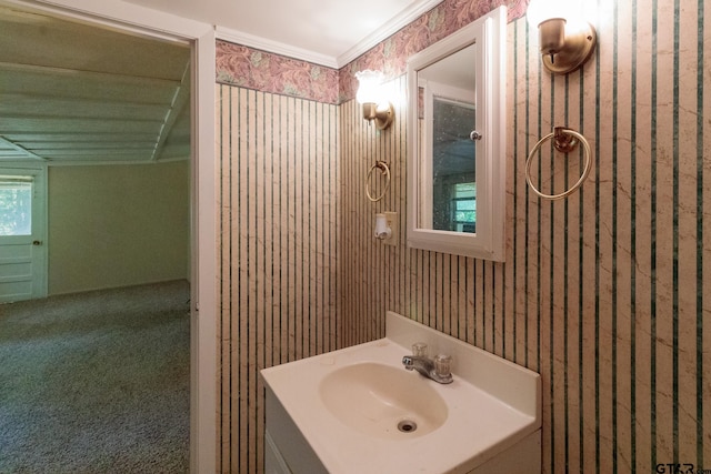 bathroom with crown molding and vanity