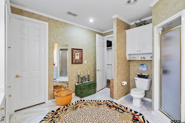 full bathroom featuring baseboards, visible vents, ornamental molding, a shower stall, and marble finish floor