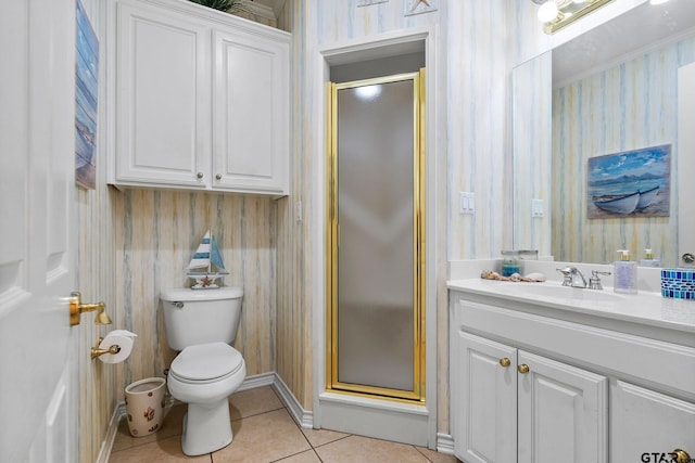 bathroom with wallpapered walls, toilet, a stall shower, tile patterned floors, and vanity