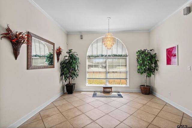 unfurnished dining area featuring light tile patterned floors, baseboards, crown molding, and an inviting chandelier