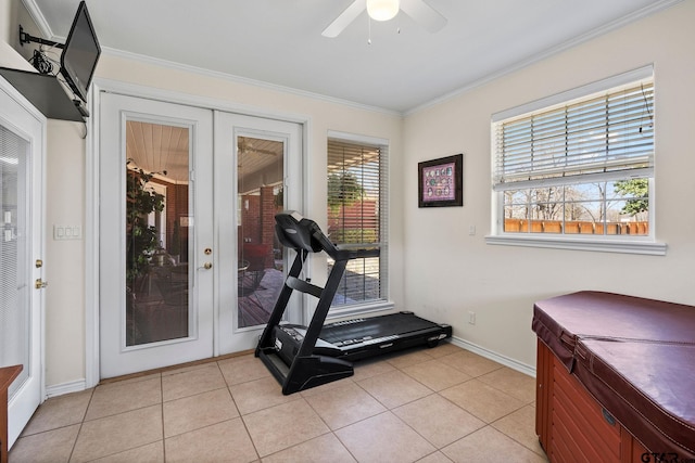 exercise room with a ceiling fan, crown molding, light tile patterned flooring, and french doors