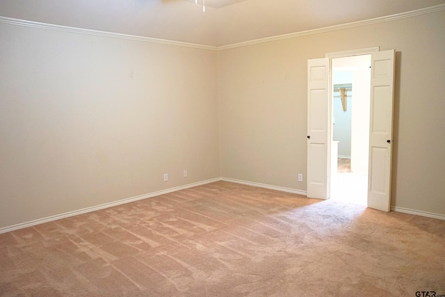 unfurnished room featuring crown molding and light carpet