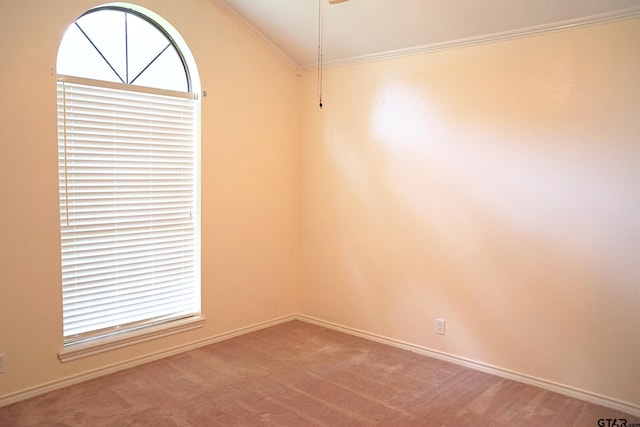 carpeted empty room featuring ornamental molding and vaulted ceiling