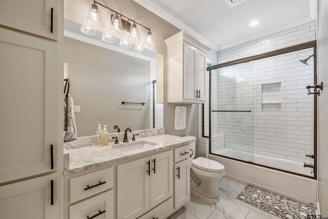 2921 Guinn Farms Rd, Tyler, TX 75707 - full bath with vanity, toilet, combined bath / shower with glass door, marble look tile flooring, and ornamental molding