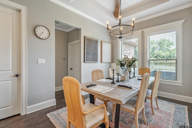 2921 Guinn Farms Rd, Tyler, TX 75707 - dining room featuring a chandelier, crown molding, dark wood finished floors, baseboards, and a raised ceiling