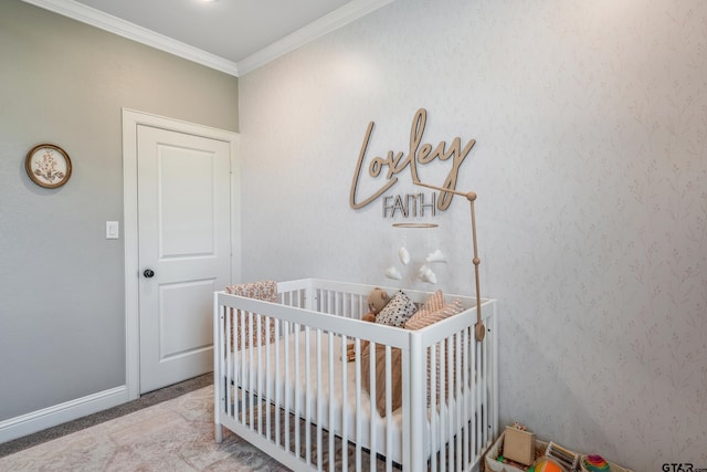 2921 Guinn Farms Rd, Tyler, TX 75707 - bedroom featuring a crib, crown molding, and baseboards