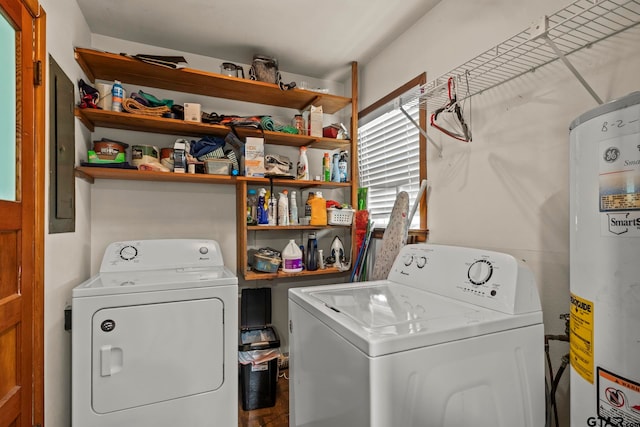 laundry room featuring water heater and washing machine and clothes dryer