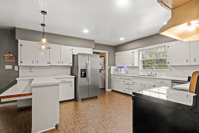 kitchen with white cabinetry, sink, light parquet flooring, stainless steel fridge with ice dispenser, and pendant lighting