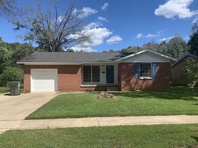 2326 Pleasant Dr, Tyler, TX 75701 - ranch-style house with driveway, brick siding, an attached garage, and a front lawn