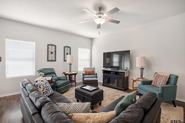 901 Martin St, Chandler, TX 75758 - living room featuring a ceiling fan and wood finished floors