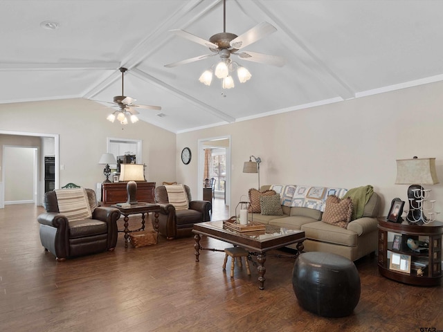 living room featuring dark wood-type flooring, ceiling fan, and vaulted ceiling with beams