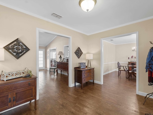 corridor with crown molding and dark hardwood / wood-style floors