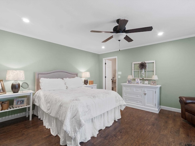 bedroom with dark wood-type flooring, ceiling fan, and crown molding