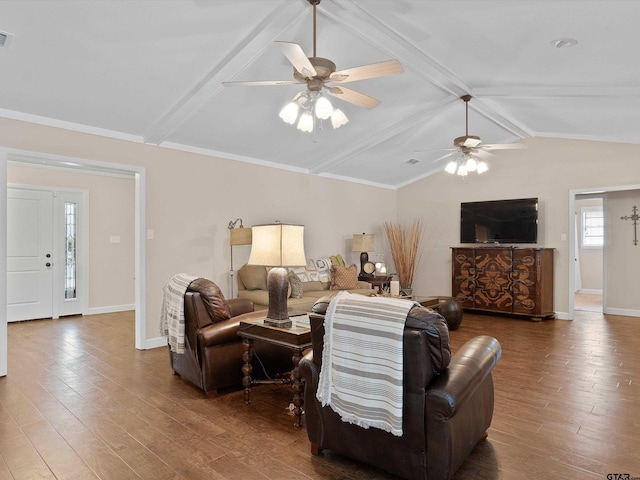 living room with ceiling fan, wood-type flooring, and lofted ceiling with beams