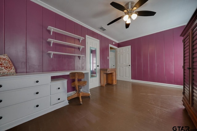 bedroom featuring ceiling fan, ornamental molding, wood finished floors, and visible vents